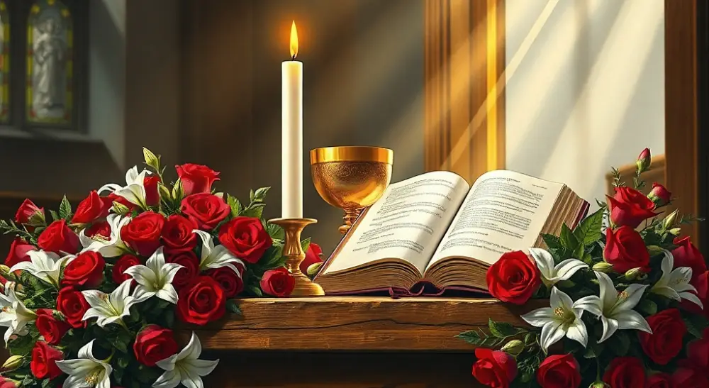 Otwarta księga liturgiczna, złoty kielich i płonąca świeca w otoczeniu czerwonych i białych róż na ołtarzu.