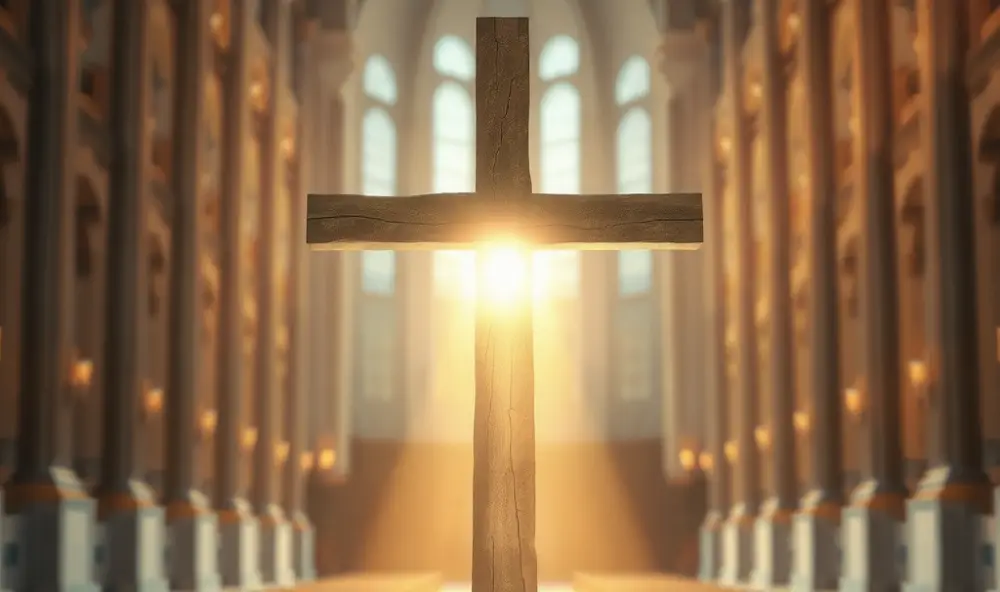Drewniany krzyż misyjny w rozświetlonym wnętrzu kościoła