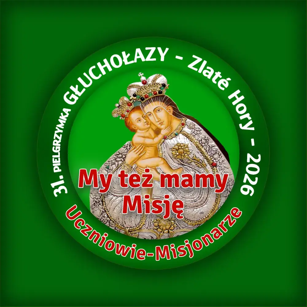Zielony znaczek okolicznościowy z wizerunkiem Matki Bożej Wspomożenia Wiernych z Dzieciątkiem i napisami pielgrzymkowymi