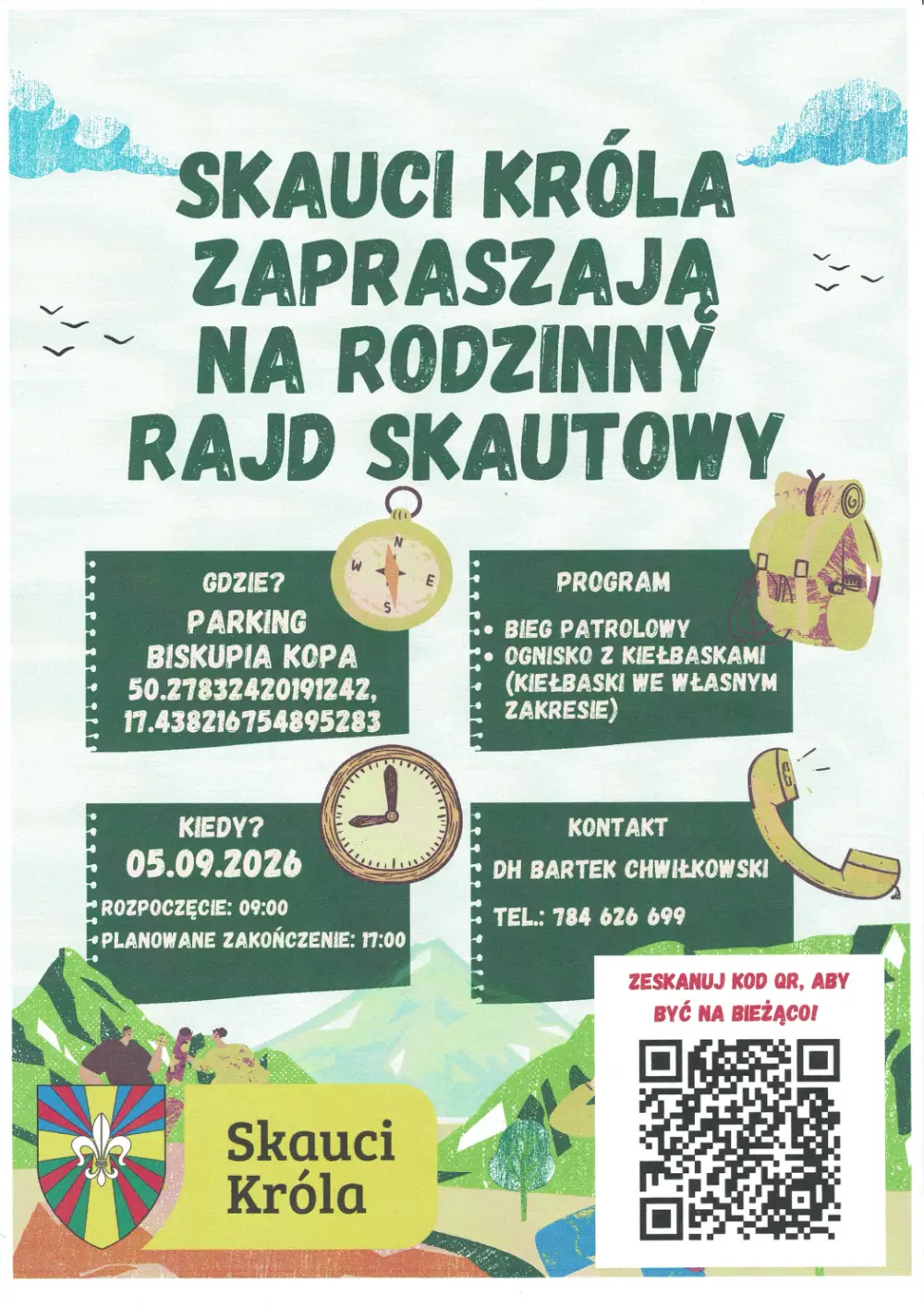 Plakat zapraszający na Rodzinny Rajd Skautowy organizowany przez Skautów Króla w dniu 5 września 2026 roku na Biskupiej Kopie. Zawiera szczegółowy program, dane kontaktowe oraz kod QR.