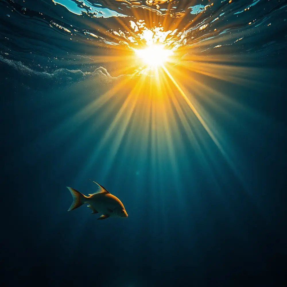 Ryba płynąca w głębinie oceanu w stronę silnego słońca przebijającego się przez taflę wody.
