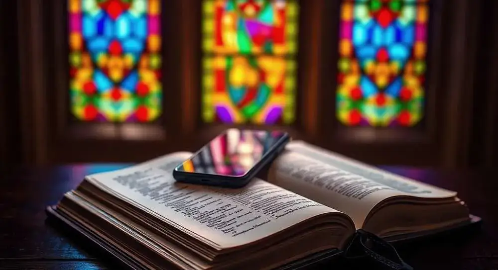 Otwarta księga i leżący na niej smartfon na tle kolorowych, rozświetlonych witraży kościelnych.