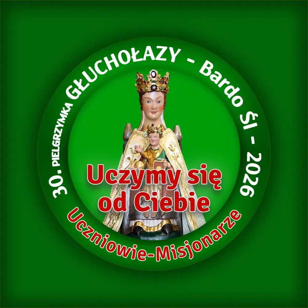 Zielony znaczek okolicznościowy z wizerunkiem Matki Bożej Wspomożenia Wiernych z Dzieciątkiem i napisami: 31. Pielgrzymka Głuchołazy - Zlaté Hory - 2026, My też mamy Misję, Uczniowie-Misjonarze
