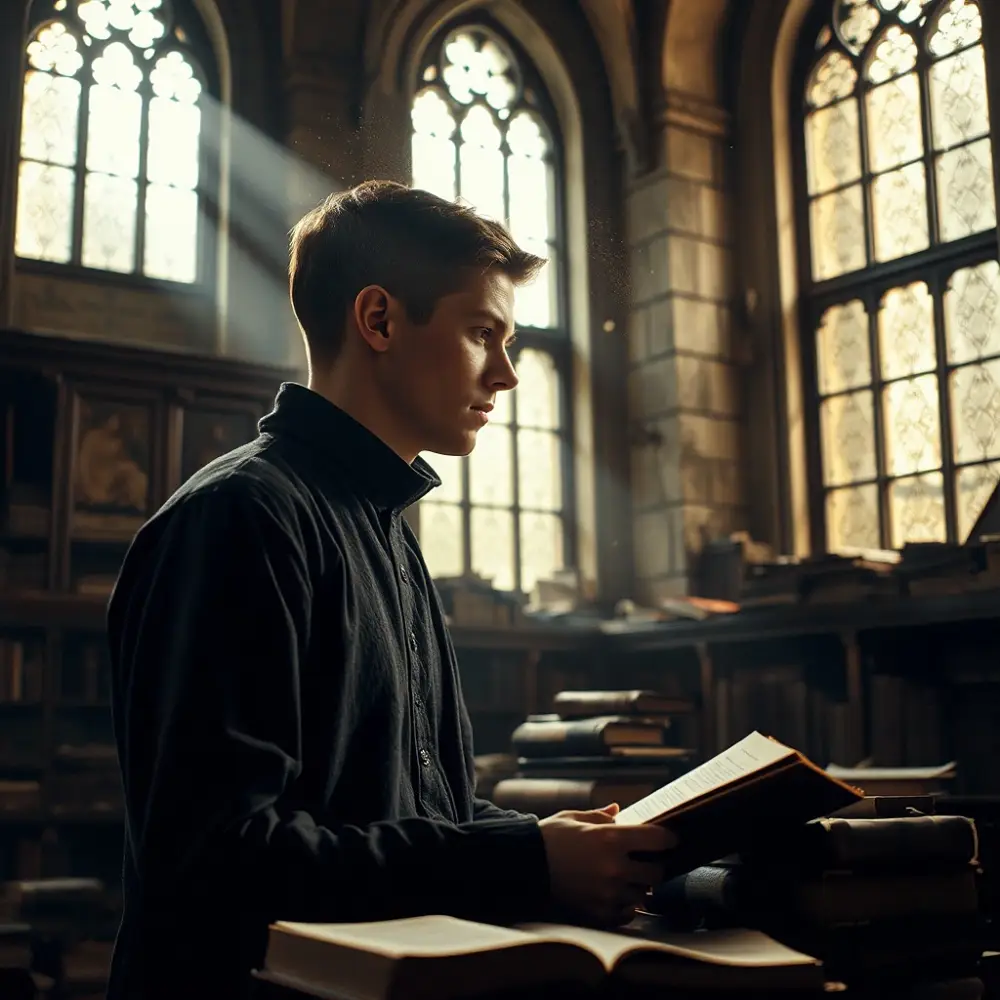 Młody Władysław Findysz czytający książkę w bibliotece przy świetle z wysokich okien.
