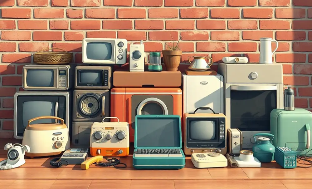 Ilustracja przedstawiająca stary sprzęt AGD i RTV ułożony na tle czerwonej ściany z cegieł.